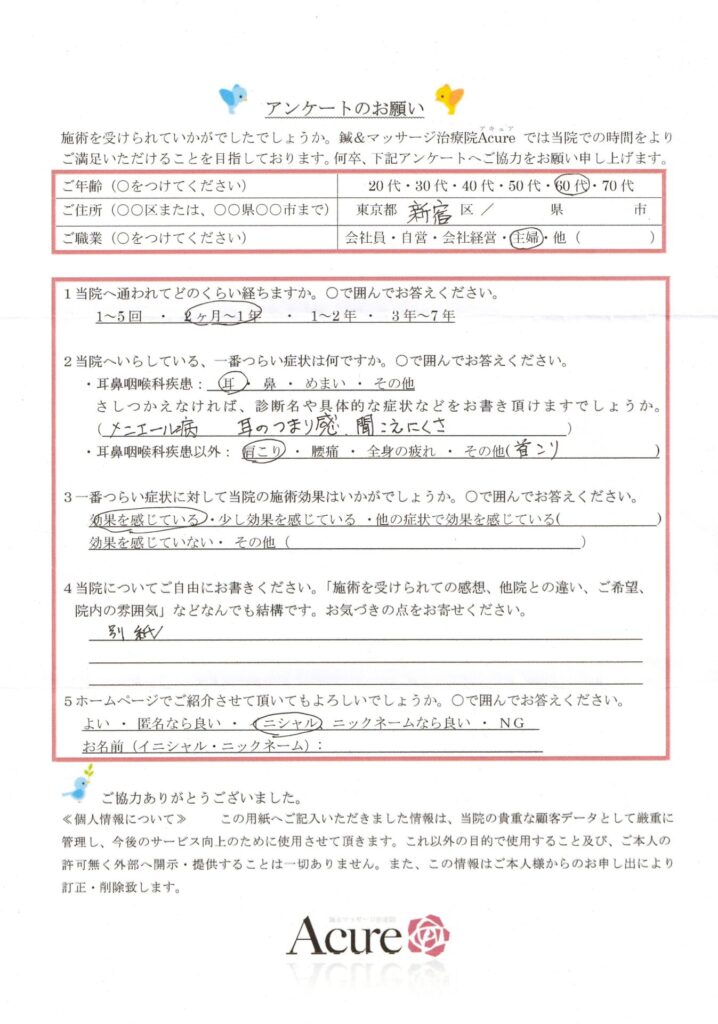 メニエール病による耳のつまり感に関する患者アンケート（鍼治療の受診理由と感想）
